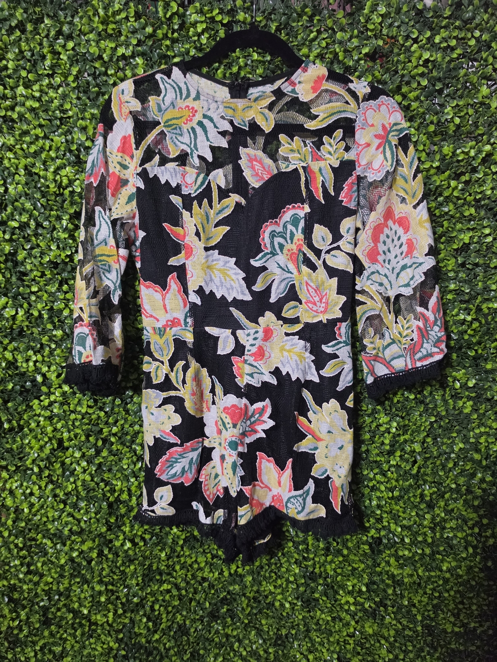 Entro Floral Embroidered Mesh Bell Sleeve Romper - Size Small
